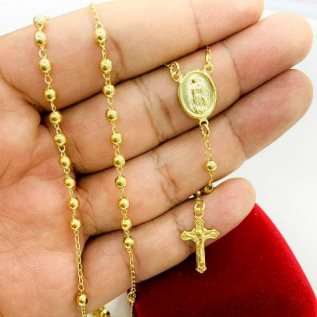 14k Gold F Virgen De Guaadalupe Rosary Necklace Mens Chain 24